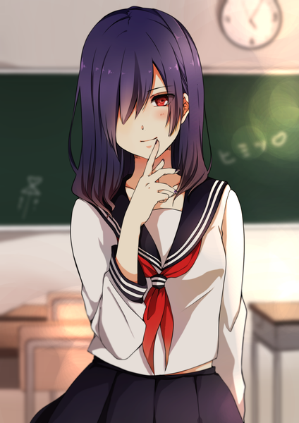 Anime-Bild 1500x2121 mit original akit (15jamjam) single long hair tall image looking at viewer blush fringe red eyes blue hair light smile hair over one eye classroom girl skirt uniform shirt serafuku desk