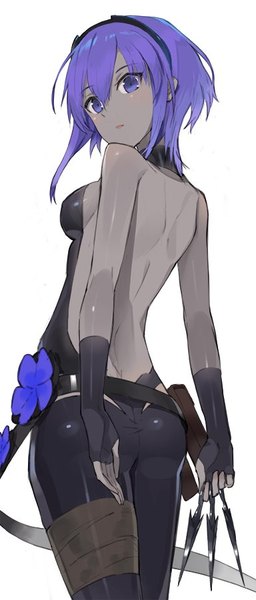 Anime picture 384x900 with fate (series) fate/stay night fate/prototype hassan of serenity (fate) hayashi kewi single tall image looking at viewer fringe short hair breasts light erotic simple background hair between eyes standing white background purple eyes bare shoulders holding payot