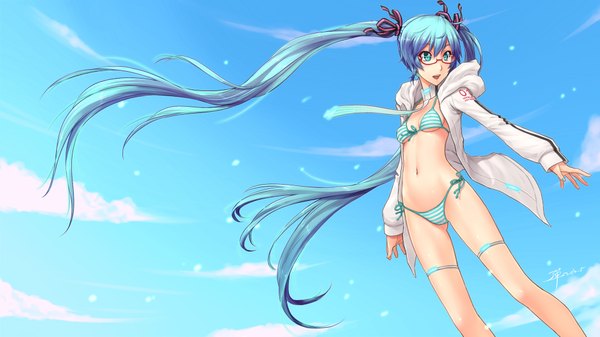 Anime picture 1920x1080 with vocaloid hatsune miku dan (kumadan) highres open mouth wide image twintails very long hair aqua eyes aqua hair open clothes open jacket bespectacled girl thighhighs navel black thighhighs swimsuit bikini glasses