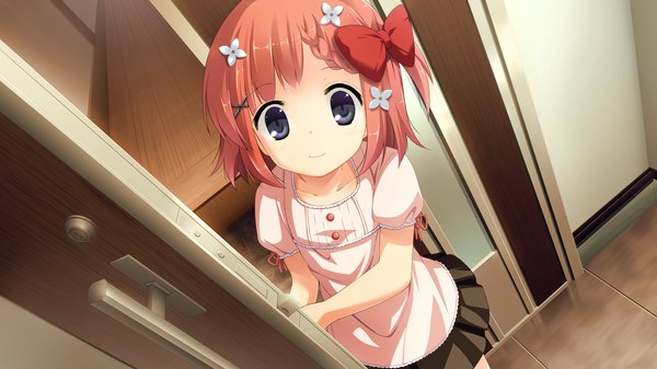 Anime picture 2560x1440 with koisuru natsu no last resort maki shiori mottsun single highres short hair blue eyes wide image pink hair game cg loli girl dress bow hair bow