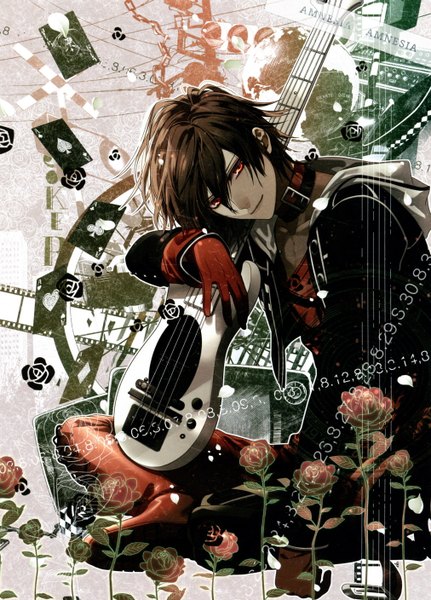 Anime picture 2023x2816 with amnesia idea factory shin (amnesia) single tall image looking at viewer highres short hair smile red eyes brown hair sitting light smile inscription boy gloves guitar card (cards) bass guitar