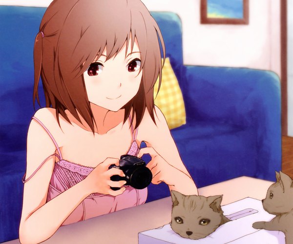 Anime picture 1819x1516 with original nishiuri warito blush highres short hair smile brown hair bare shoulders brown eyes girl animal pillow cat bag couch table picture camera