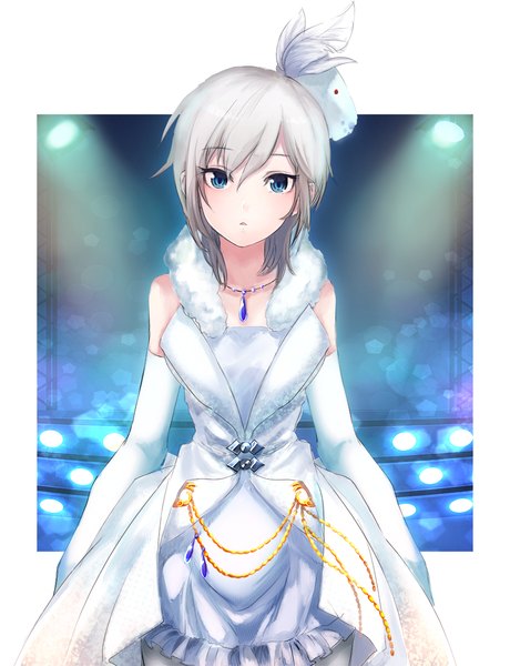 Anime picture 900x1172 with idolmaster idolmaster cinderella girls anastasia (idolmaster) uro (uro zi) single long hair tall image looking at viewer fringe open mouth blue eyes standing silver hair border outside border pure white memories girl dress gloves hat