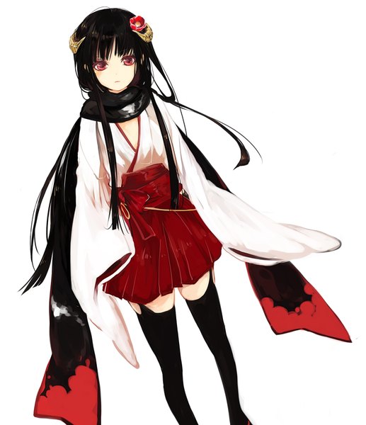 Anime picture 1723x2000 with inu x boku ss david production shirakiin ririchiyo tagme (artist) single long hair tall image looking at viewer fringe highres black hair simple background red eyes standing white background long sleeves pleated skirt hair flower wide sleeves girl