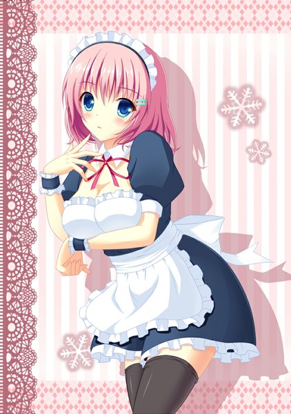 Anime picture 750x1065 with original korotan single tall image looking at viewer blush short hair blue eyes pink hair shadow maid girl thighhighs dress black thighhighs headdress maid headdress