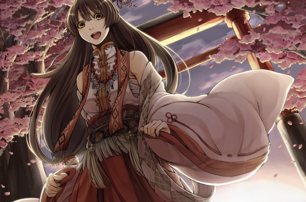 Anime picture 1181x781 with original yuu (kyuutai kansetsu) long hair open mouth brown hair bare shoulders brown eyes sky cloud (clouds) japanese clothes from below cherry blossoms girl plant (plants) petals tree (trees) torii