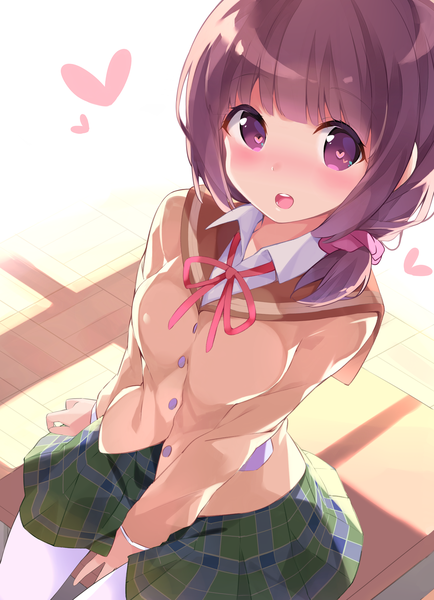 Anime picture 2391x3304 with stella no mahou magic of stella silver link fuda yumine chikuwa. single tall image looking at viewer blush fringe highres short hair open mouth brown hair sitting purple eyes blunt bangs pleated skirt from above symbol-shaped pupils