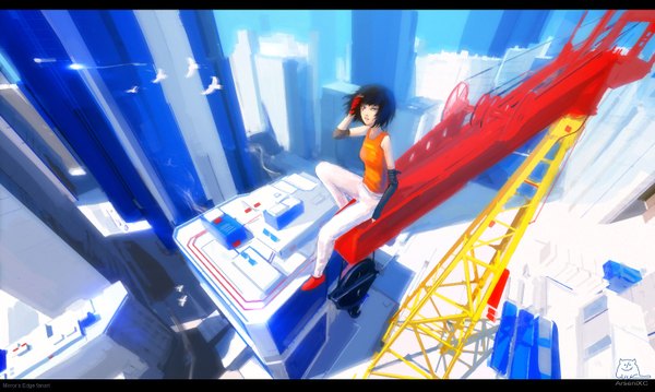 Anime picture 1536x921 with mirror's edge faith connors arsenixc single short hair blue eyes black hair wide image sitting bare shoulders tattoo city cityscape girl gloves detached sleeves animal fingerless gloves bird (birds) roof