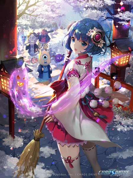 Anime picture 1000x1333 with chaos drive original tob tall image looking at viewer blush short hair open mouth blue eyes blue hair traditional clothes japanese clothes zettai ryouiki cherry blossoms turning head watermark miko fantasy ghost thighhighs