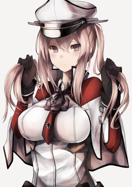 Anime picture 800x1129 with kantai collection graf zeppelin (kantai collection) snm (sunimi) single long hair tall image looking at viewer simple background blonde hair twintails brown eyes holding hair girl gloves uniform black gloves necktie peaked cap anchor