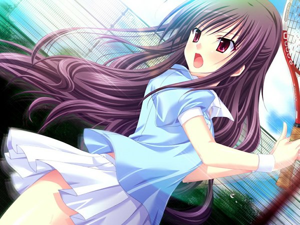 Anime picture 1024x768 with prima stella open mouth red eyes game cg purple hair tennis girl miniskirt