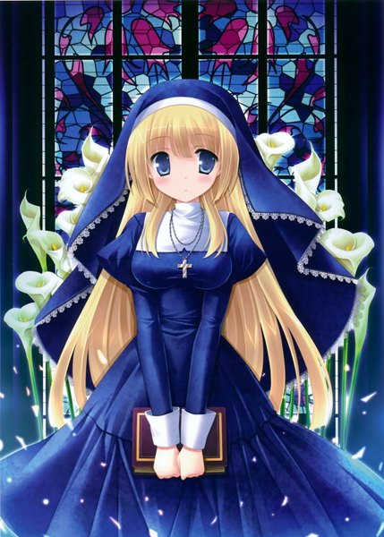 Anime picture 2248x3147 with original ikegami akane single long hair tall image blush highres blue eyes blonde hair nun girl flower (flowers) petals book (books) cross