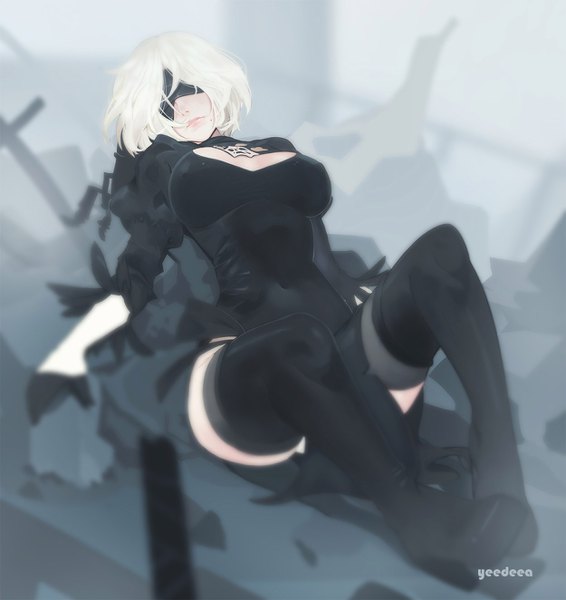 Anime picture 1250x1324 with nier nier:automata yorha no. 2 type b yeedeea single tall image fringe short hair breasts light erotic large breasts sitting cleavage bent knee (knees) white hair lips blurry mole puffy sleeves lipstick