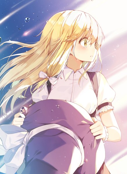 Anime picture 708x973 with touhou kirisame marisa shnva single long hair tall image blush fringe breasts blonde hair yellow eyes looking away profile wind puffy sleeves tears light hat removed headwear removed girl