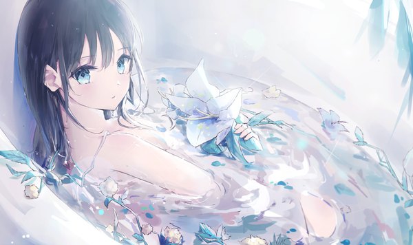 Anime picture 1295x769 with original tr (hareru) single long hair looking at viewer fringe blue eyes light erotic black hair hair between eyes wide image nude girl flower (flowers) water bath bathroom