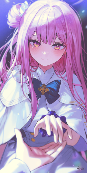 Anime picture 1068x2110 with blue archive mika (blue archive) handot (d yot ) long hair tall image looking at viewer blush fringe smile hair between eyes signed yellow eyes pink hair upper body hair bun (hair buns) solo focus pov girl teardrop hand