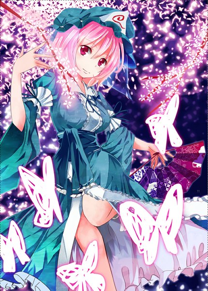 Anime picture 800x1116 with touhou saigyouji yuyuko kelu single tall image looking at viewer short hair red eyes pink hair girl dress flower (flowers) petals insect butterfly bonnet