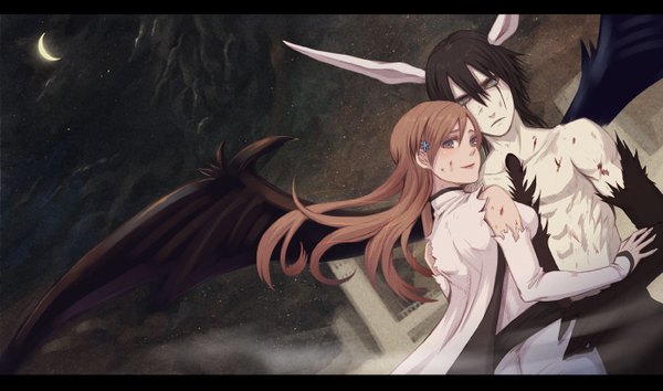 Anime picture 1400x827 with bleach studio pierrot inoue orihime ulquiorra schiffer fujimaru (green sparrow) long hair black hair smile wide image sky horn (horns) aqua eyes orange hair torn clothes letterboxed bat wings crescent spoilers espada girl