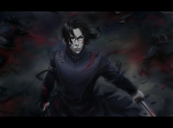 Anime picture 1980x1460 with original lorenamgrim single long hair highres black hair grey eyes letterboxed looking up framed frown injury cuts boy weapon sword glasses katana blood cloak