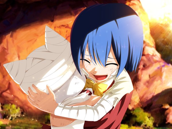 Anime picture 4000x3000 with fairy tail wendy marvell charle (fairy tail) tremblax highres short hair open mouth blue hair absurdres eyes closed sunlight loli hug tears coloring torn clothes crying sunbeam bandaid on face girl