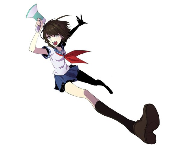 Anime picture 1417x1181 with tagme (artist) single looking at viewer blush short hair open mouth black hair simple background white background holding pleated skirt short sleeves grey eyes spread arms screaming girl skirt uniform socks serafuku