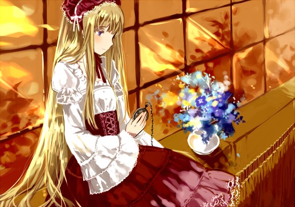 Anime picture 1300x916 with original tan (tangent) single long hair blonde hair sitting purple eyes girl dress flower (flowers) clock pocket watch