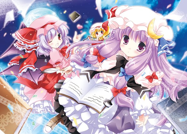 Anime picture 1200x859 with touhou flandre scarlet remilia scarlet patchouli knowledge white-brown (artist) long hair short hair open mouth red eyes purple eyes multiple girls purple hair one eye closed wink girl dress hat wings book (books) 3 girls