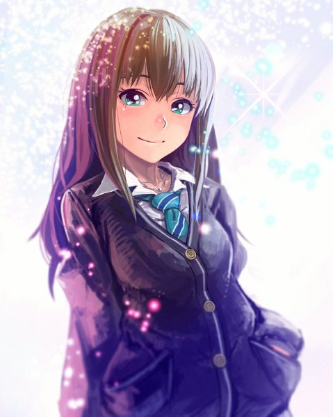 Anime picture 800x1002 with idolmaster idolmaster cinderella girls shibuya rin mozuk single long hair tall image looking at viewer fringe smile brown hair green eyes hand in pocket shiny girl uniform school uniform necktie pendant buttons