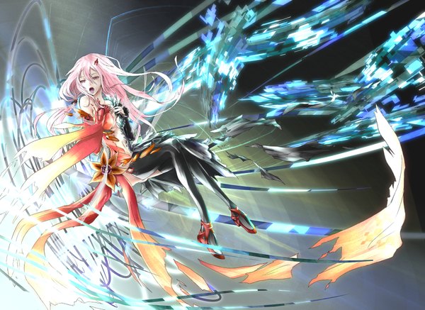 Anime picture 1800x1312 with guilty crown production i.g yuzuriha inori s-ilo single long hair highres open mouth twintails bare shoulders pink hair pink eyes alternate costume torn clothes singing girl thighhighs hair ornament flower (flowers) black thighhighs