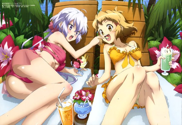 Anime picture 5937x4094 with senki zesshou symphogear megami magazine satelight yukine chris tachibana hibiki long hair blush highres short hair open mouth light erotic multiple girls yellow eyes absurdres white hair official art grey eyes girl flower (flowers) 2 girls