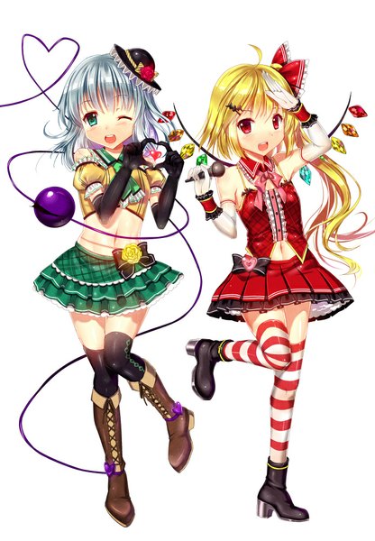 Anime picture 693x1000 with touhou flandre scarlet komeiji koishi cnm long hair tall image blush short hair open mouth blonde hair simple background white background multiple girls silver hair one eye closed wink one side up heart hands heart of string girl
