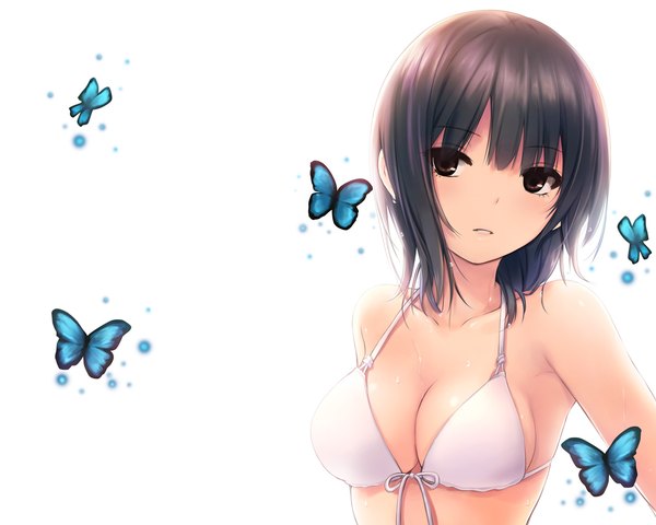 Anime picture 1280x1024 with original aoyama sumika coffee-kizoku single looking at viewer short hair breasts light erotic black hair white background brown eyes third-party edit extended girl swimsuit bikini insect butterfly white bikini