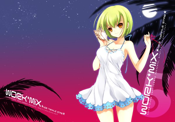 Anime picture 1600x1116 with original juna single looking at viewer short hair smile bare shoulders green hair night orange eyes girl dress moon sundress