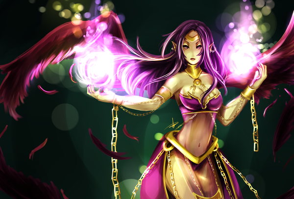 Anime picture 3000x2030 with league of legends morgana (league of legends) hannah515 single long hair looking at viewer highres light erotic purple eyes purple hair pointy ears midriff magic girl navel earrings wings chain