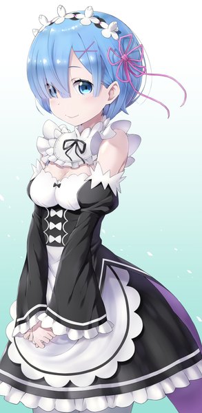 Anime picture 2100x4300 with re:zero kara hajimeru isekai seikatsu white fox rem (re:zero) takahan single tall image looking at viewer blush fringe highres short hair breasts blue eyes smile blue hair hair over one eye maid gradient background girl uniform