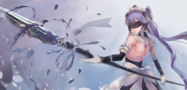 Anime picture 1875x900 with original bzerox single long hair highres wide image twintails purple hair eyes closed back girl dress gloves bow weapon elbow gloves spear