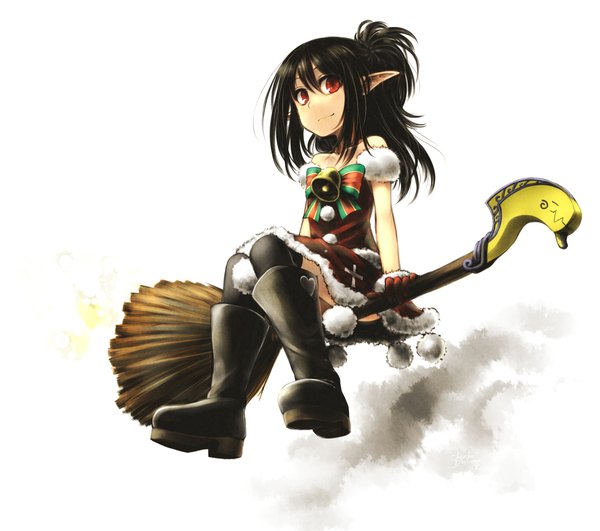 Anime picture 2260x2001 with dungeon and fighter mage (dungeon and fighter) chankodining waka single long hair highres black hair simple background red eyes white background pointy ears girl thighhighs gloves bow black thighhighs boots heart fur bell