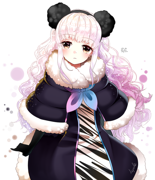 Anime picture 1467x1705 with original lepoule single long hair tall image looking at viewer blush white background signed animal ears yellow eyes payot pink hair white hair blunt bangs multicolored hair fake animal ears wavy hair gradient hair girl