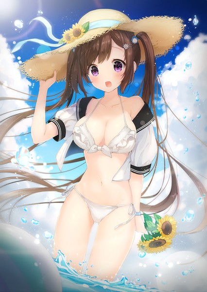 Anime picture 839x1181 with original suzumori uina single long hair tall image blush breasts open mouth light erotic brown hair large breasts twintails purple eyes sky cloud (clouds) summer adjusting hat sailor collar girl flower (flowers)