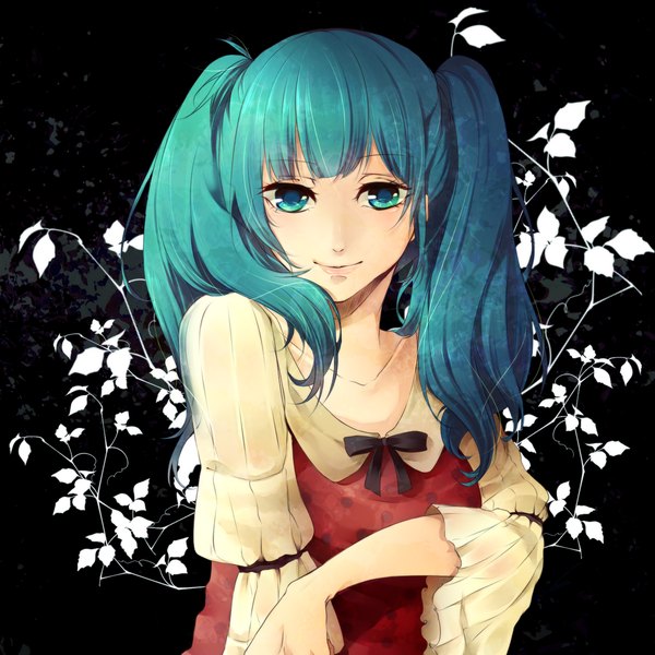 Anime picture 1333x1333 with original amese hiyori (artist) single long hair looking at viewer smile twintails aqua eyes light smile aqua hair girl dress stare
