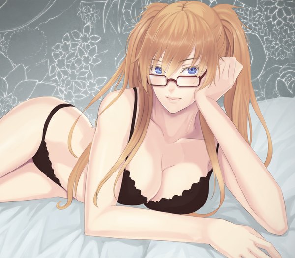 Anime picture 1120x980 with border break (game) damegane single long hair looking at viewer breasts blue eyes light erotic blonde hair twintails underwear only girl underwear panties glasses lingerie bra