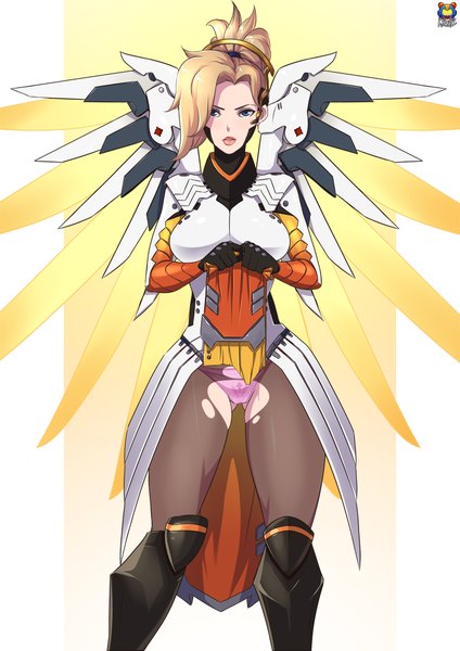 Anime picture 1414x2000 with overwatch blizzard entertainment mercy (overwatch) kyoffie12 single tall image looking at viewer short hair breasts blue eyes light erotic simple background blonde hair lips torn pantyhose mechanical wings girl underwear panties pantyhose