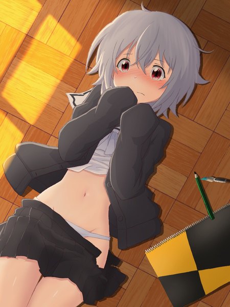 Anime picture 768x1024 with senryuu shoujo yakobe kino gaia sue single tall image blush fringe short hair light erotic hair between eyes red eyes looking away indoors lying long sleeves from above grey hair sunlight arms up midriff