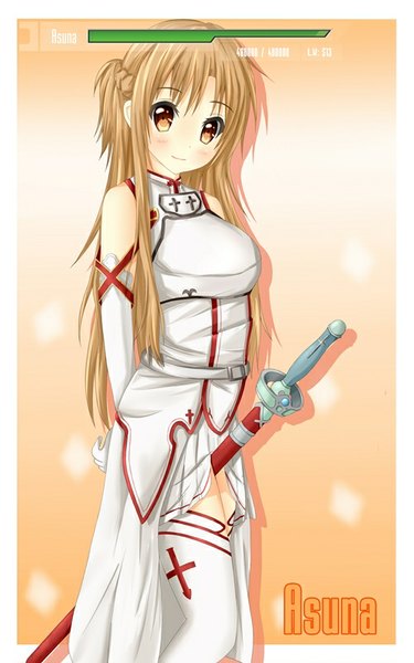 Anime picture 500x800 with sword art online a-1 pictures yuuki asuna tear yu single long hair tall image looking at viewer blush fringe breasts blonde hair orange eyes girl weapon clothes epee