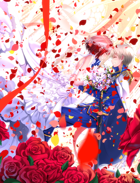 Anime picture 1102x1441 with akagami no shirayukihime studio bones shirayuki (akagami no shirayukihime) zen wistalia (akagami no shirayukihime) swordsouls tall image blush short hair smile multiple girls white hair red hair eyes closed couple girl dress flower (flowers) ribbon (ribbons) weapon 2 girls