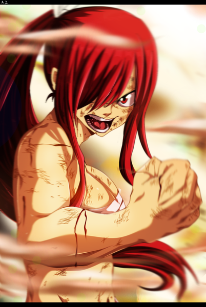 Anime picture 1073x1600 with fairy tail erza scarlet animezona single long hair tall image fringe breasts open mouth light erotic large breasts ponytail red hair sunlight hair over one eye bare belly coloring smoke angry screaming