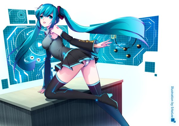 Anime picture 2500x1767 with vocaloid hatsune miku erkelee single highres open mouth light erotic twintails very long hair aqua eyes aqua hair pantyshot girl thighhighs black thighhighs detached sleeves miniskirt