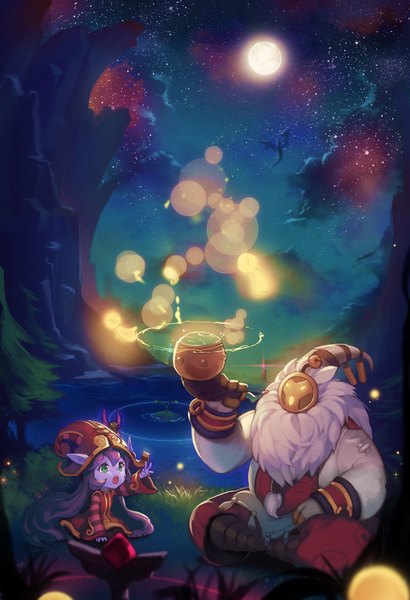 Anime picture 1200x1755 with league of legends lulu (league of legends) bard (league of legends) dakun87 (artist) tall image open mouth sitting green eyes animal ears purple hair very long hair fantasy blue skin girl boy hat mask dragon clothes