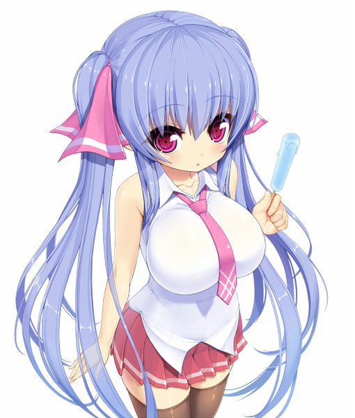 Anime picture 1046x1230 with original shuz (dodidu) single long hair tall image looking at viewer breasts simple background large breasts white background purple eyes twintails blue hair girl thighhighs skirt bow hair bow necktie food