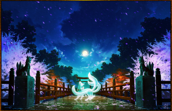 Anime picture 1018x658 with original mocha (cotton) sky cloud (clouds) tail night cherry blossoms reflection multiple tails plant (plants) animal petals tree (trees) moon full moon bridge statue fox